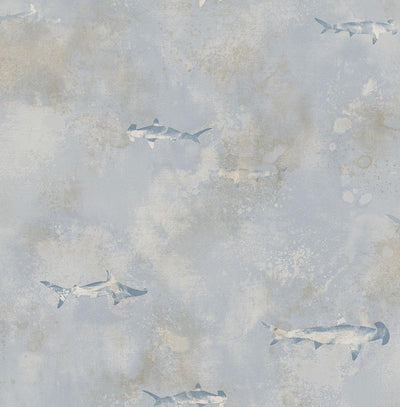 product image of sample sharks wallpaper in grey blue and silver from the aerial collection by mayflower wallpaper 1 50