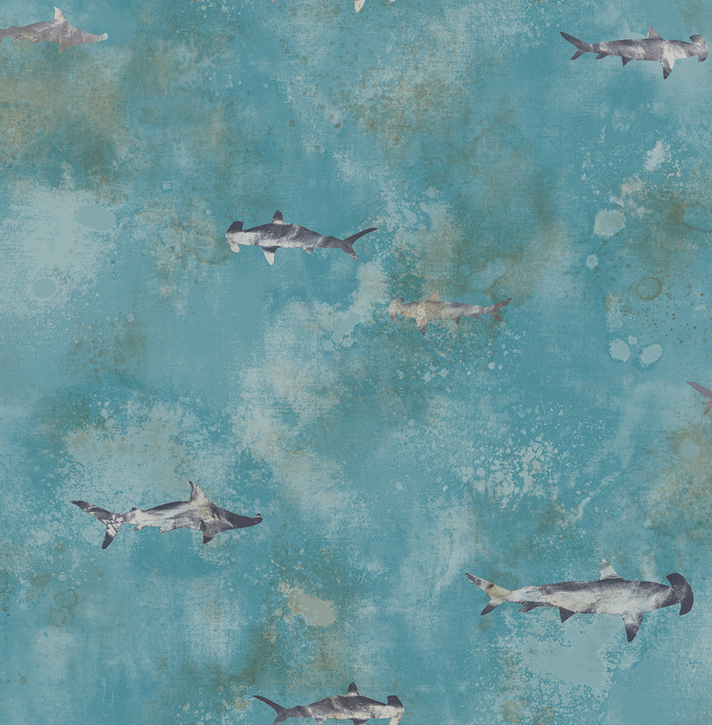 media image for Sharks Wallpaper in Silver, Gunmetal, and Blue from the Aerial Collection by Mayflower Wallpaper 290