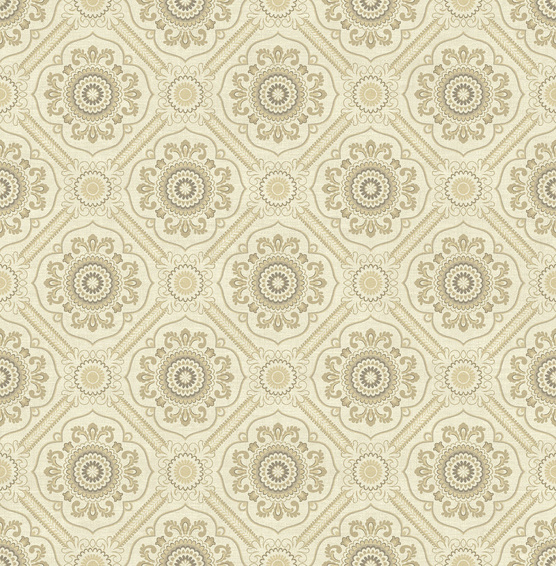 media image for sample small floral tile wallpaper in gold from the caspia collection by wallquest 256