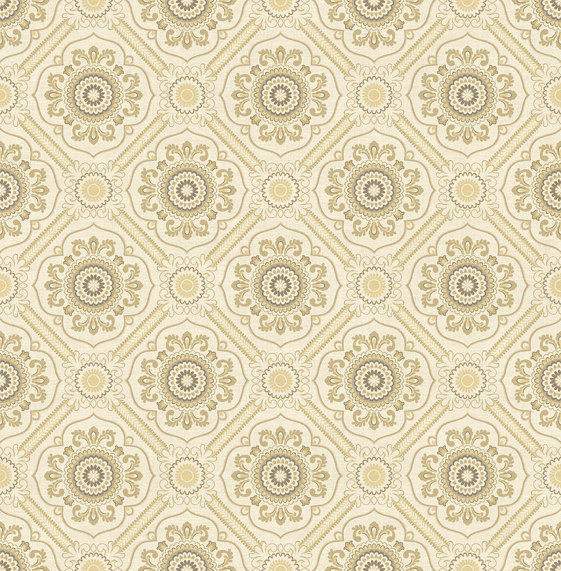 media image for sample small floral tile wallpaper in light gold from the caspia collection by wallquest 243