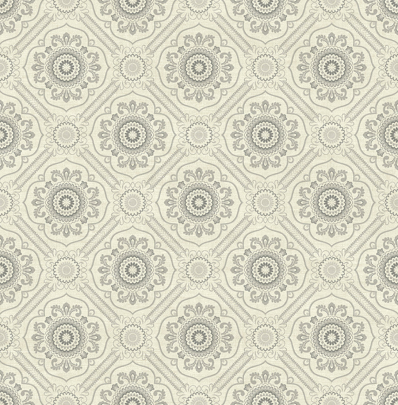 media image for Small Floral Tile Wallpaper in Light Silver from the Caspia Collection by Wallquest 255