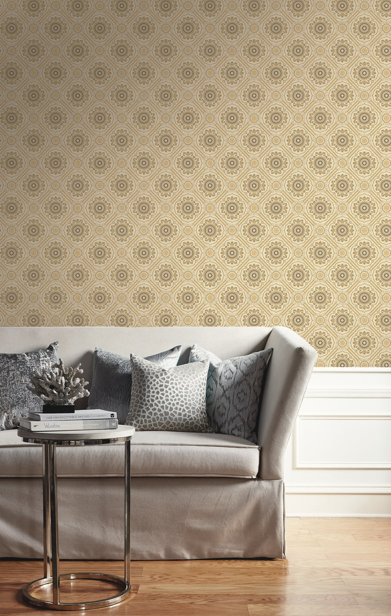 media image for Small Floral Tile Wallpaper in Light Gold from the Caspia Collection by Wallquest 252