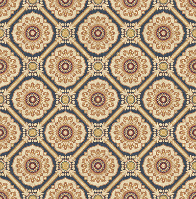 product image of sample small floral tile wallpaper in navy from the caspia collection by wallquest 1 556