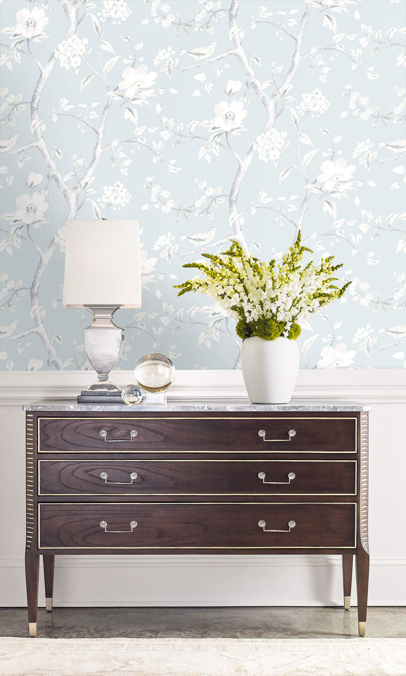 media image for Southport Floral Trail Wallpaper in Blue Frost and Cove Grey from the Luxe Retreat Collection by Seabrook Wallcoverings 277