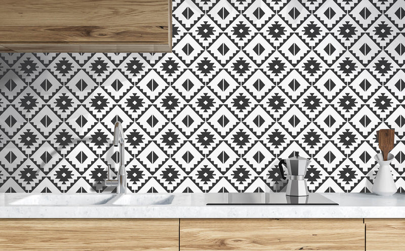 media image for Southwest Tile Peel-and-Stick Wallpaper in Black and White by NextWall 233