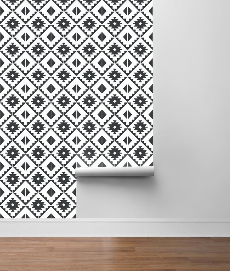 media image for Southwest Tile Peel-and-Stick Wallpaper in Black and White by NextWall 296