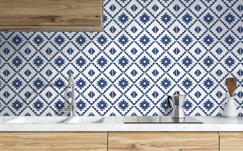 media image for Southwest Tile Peel-and-Stick Wallpaper in Navy and White by NextWall 236