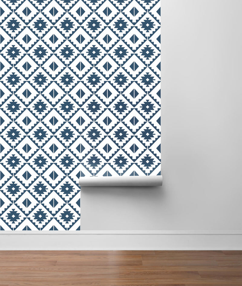 media image for Southwest Tile Peel-and-Stick Wallpaper in Navy and White by NextWall 251
