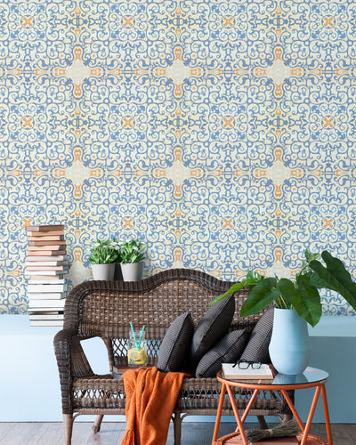 product image for Spanish Tile Wallpaper in Blue and Orange from the Eclectic Collection by Mind the Gap 97
