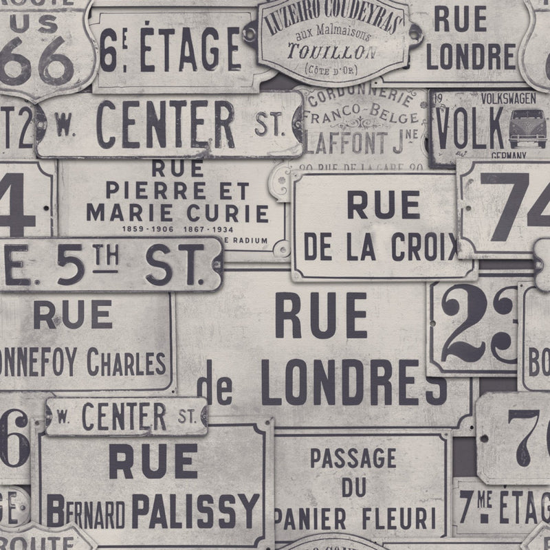 media image for sample street signs wallpaper in neutral from the eclectic collection by mind the gap 1 27