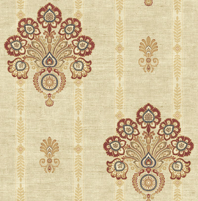 product image of sample striped floral damask wallpaper in red and gold from the caspia collection by wallquest 1 516