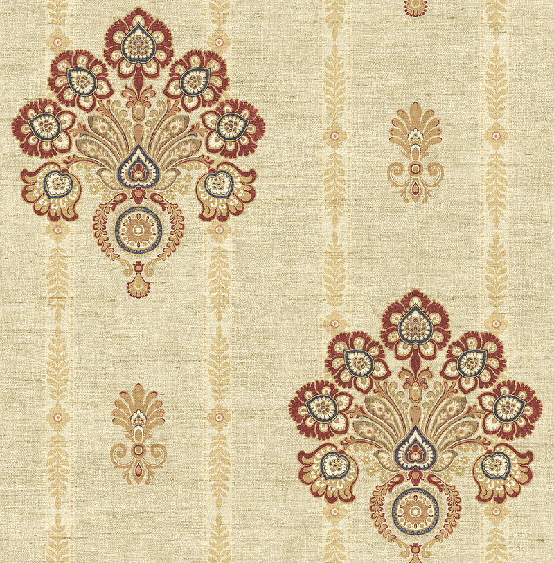 media image for Striped Floral Damask Wallpaper in Red and Gold from the Caspia Collection by Wallquest 247