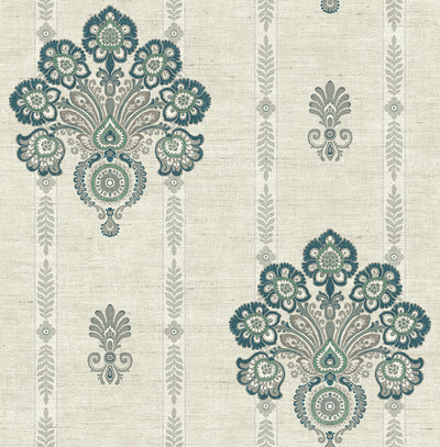 product image for Striped Floral Damask Wallpaper in Teal from the Caspia Collection by Wallquest 73