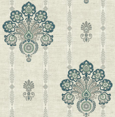 product image for Striped Floral Damask Wallpaper in Teal from the Caspia Collection by Wallquest 60