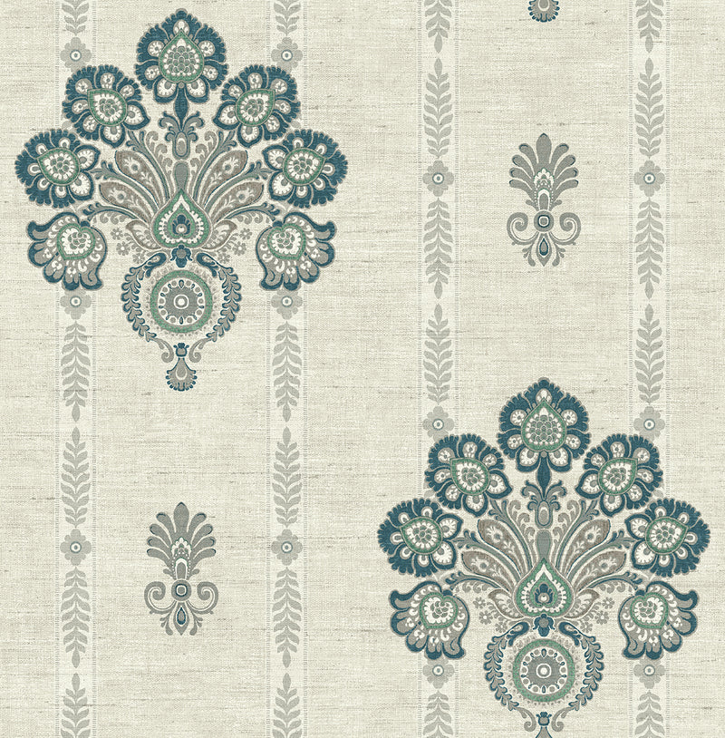 media image for Striped Floral Damask Wallpaper in Teal from the Caspia Collection by Wallquest 223