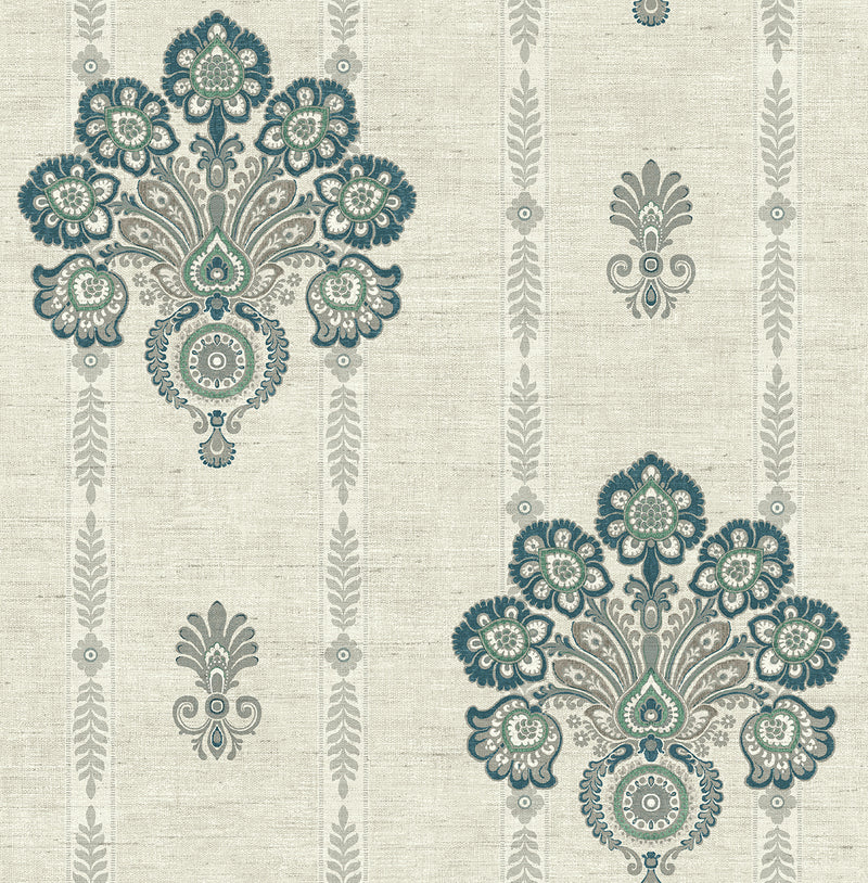 media image for Striped Floral Damask Wallpaper in Teal from the Caspia Collection by Wallquest 217