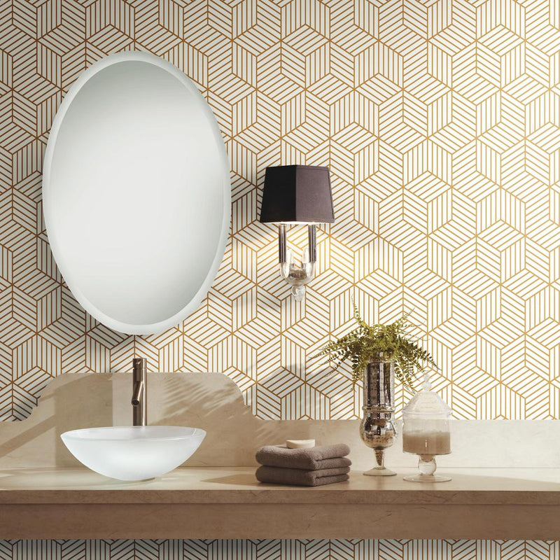 media image for Striped Hexagon Peel & Stick Wallpaper in White and Gold by RoomMates for York Wallcoverings 215