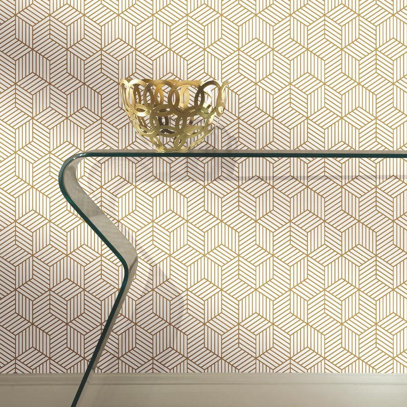 media image for Striped Hexagon Peel & Stick Wallpaper in White and Gold by RoomMates for York Wallcoverings 231