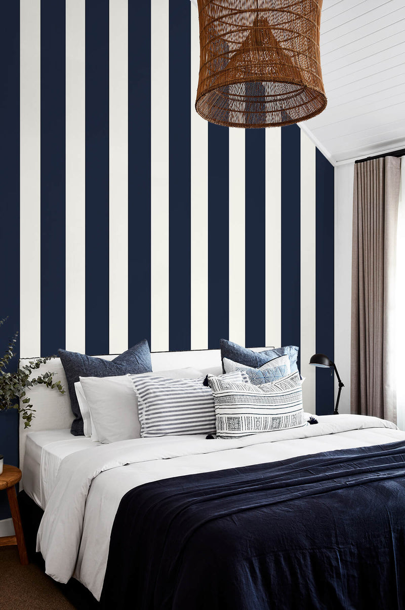 media image for Stripes Peel-and-Stick Wallpaper in Midnight Blue and White from the Luxe Haven Collection by Lillian August 262
