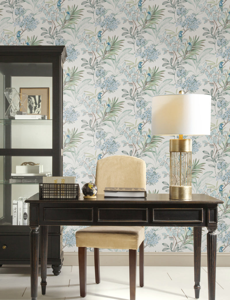 media image for Handpainted Songbird Wallpaper in Turquoise from the Handpainted Traditionals Collection by York Wallcoverings 237