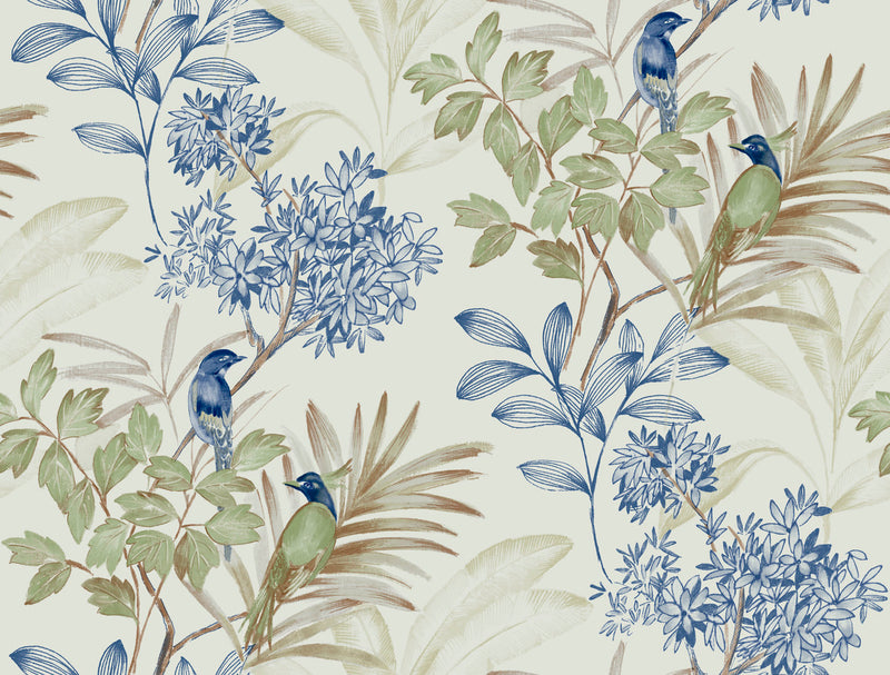 media image for Handpainted Songbird Wallpaper in Green/Blue from the Handpainted Traditionals Collection by York Wallcoverings 221