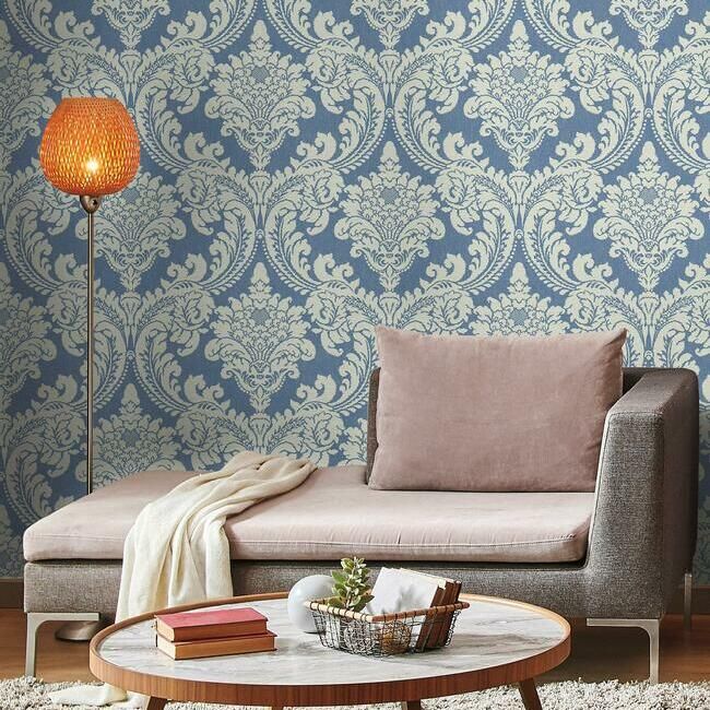 media image for Tapestry Damask Wallpaper in Blue from the Grandmillennial Collection by York Wallcoverings 234