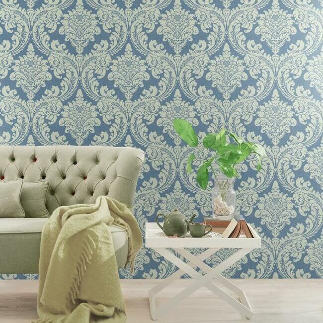 media image for Tapestry Damask Wallpaper in Blue from the Grandmillennial Collection by York Wallcoverings 262