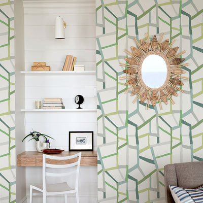 product image of Tate Geometric Linen Wallpaper in Green from the Bluebell Collection by Brewster Home Fashions 551