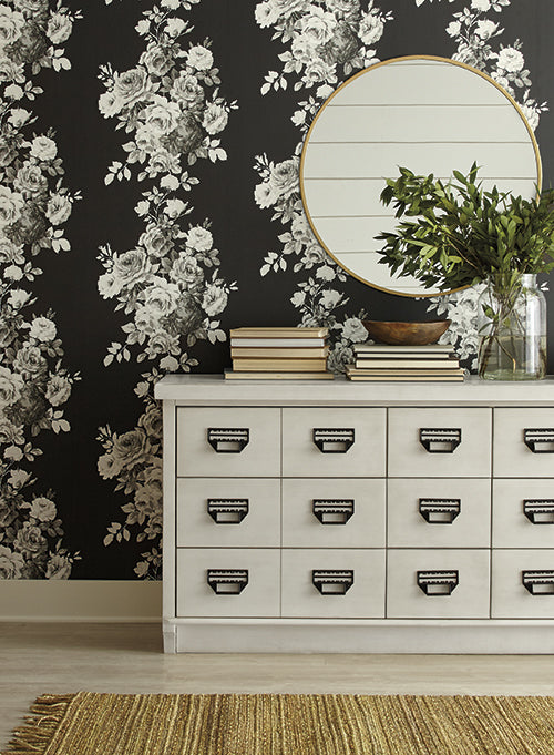 media image for Tea Rose Wallpaper in Black and White from Magnolia Home Vol. 2 by Joanna Gaines 248