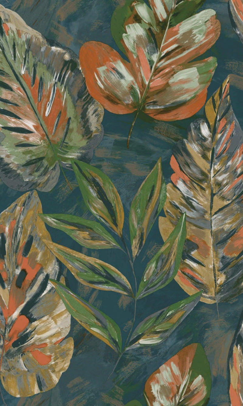 media image for Teal & Orange Aralia Leaves Metallic Textured Botanical Wallpaper by Walls Republic 255