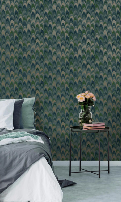 product image for Teal Peacock Feather-Inspired Geometric Wallpaper by Walls Republic 19