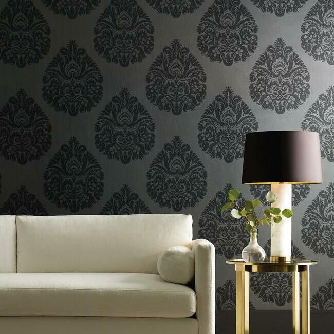 media image for Teardrop Damask Wallpaper in Black from the Ronald Redding 24 Karat Collection by York Wallcoverings 282
