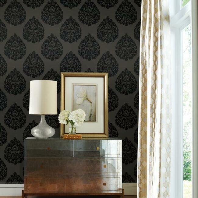 media image for Teardrop Damask Wallpaper in Black from the Ronald Redding 24 Karat Collection by York Wallcoverings 297