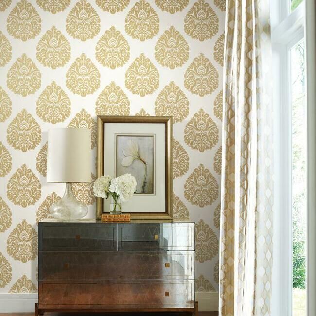 media image for Teardrop Damask Wallpaper in Gold from the Ronald Redding 24 Karat Collection by York Wallcoverings 29