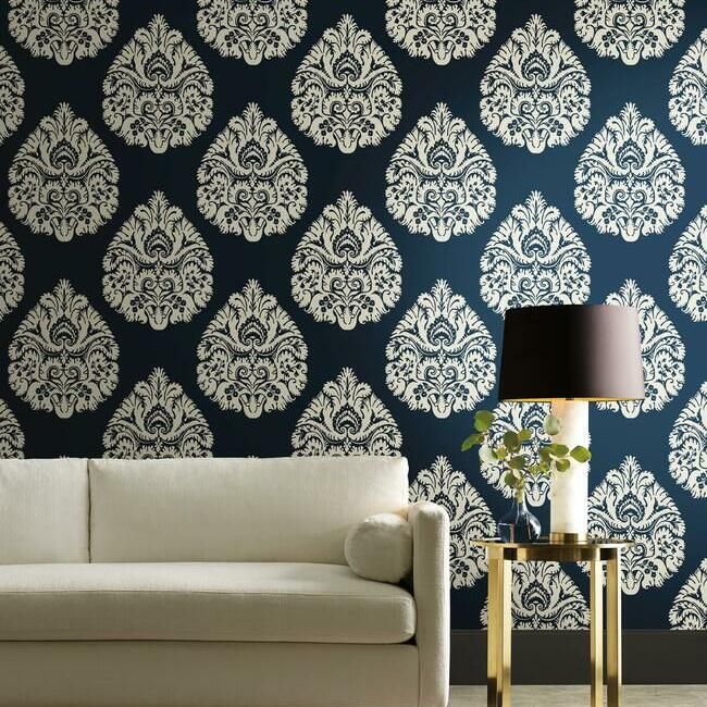 media image for Teardrop Damask Wallpaper in Navy from the Ronald Redding 24 Karat Collection by York Wallcoverings 258
