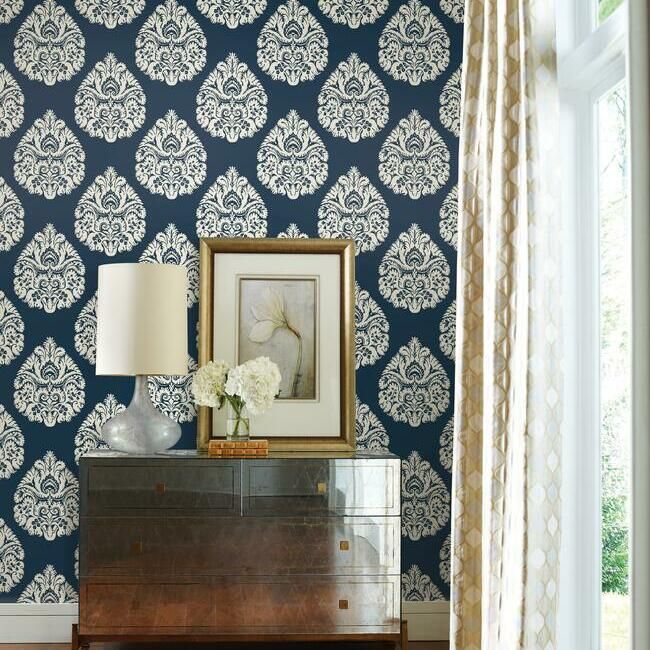 media image for Teardrop Damask Wallpaper in Navy from the Ronald Redding 24 Karat Collection by York Wallcoverings 262
