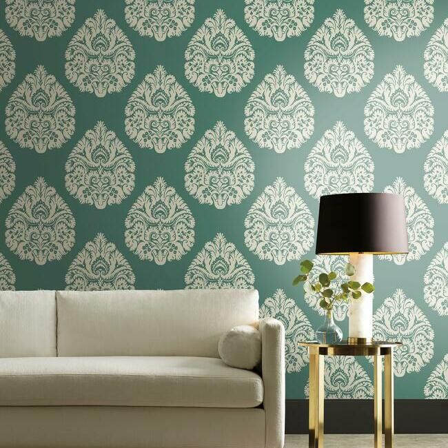 media image for Teardrop Damask Wallpaper in Teal from the Ronald Redding 24 Karat Collection by York Wallcoverings 267