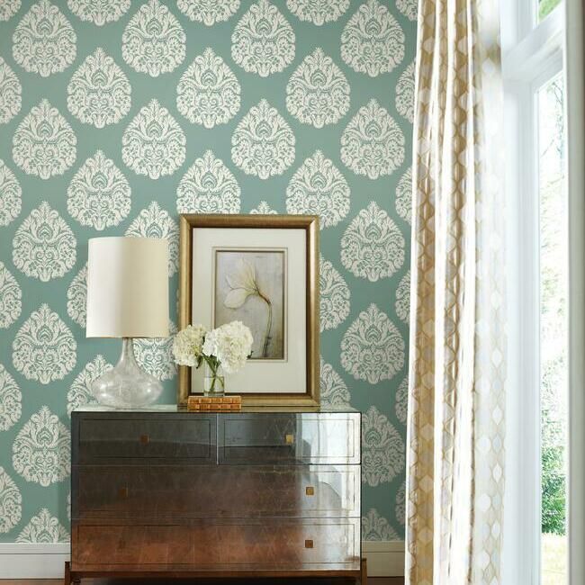 media image for Teardrop Damask Wallpaper in Teal from the Ronald Redding 24 Karat Collection by York Wallcoverings 29