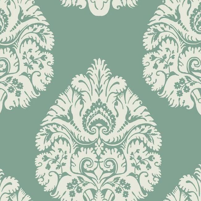 media image for sample teardrop damask wallpaper in teal from the ronald redding 24 karat collection by york wallcoverings 1 25