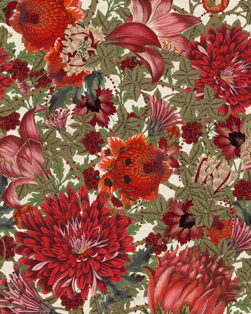 media image for sample the flowering wallpaper in green red and cream from the transylvanian roots collection by mind the gap 1 26