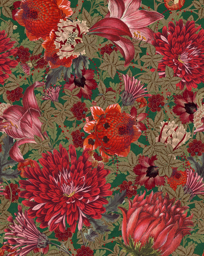product image of The Flowering Wallpaper in Green and Red from the Transylvanian Roots Collection by Mind the Gap 573