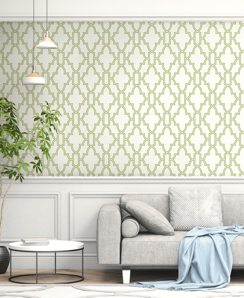media image for Tile Trellis Peel-and-Stick Wallpaper in Green and White by NextWall 256