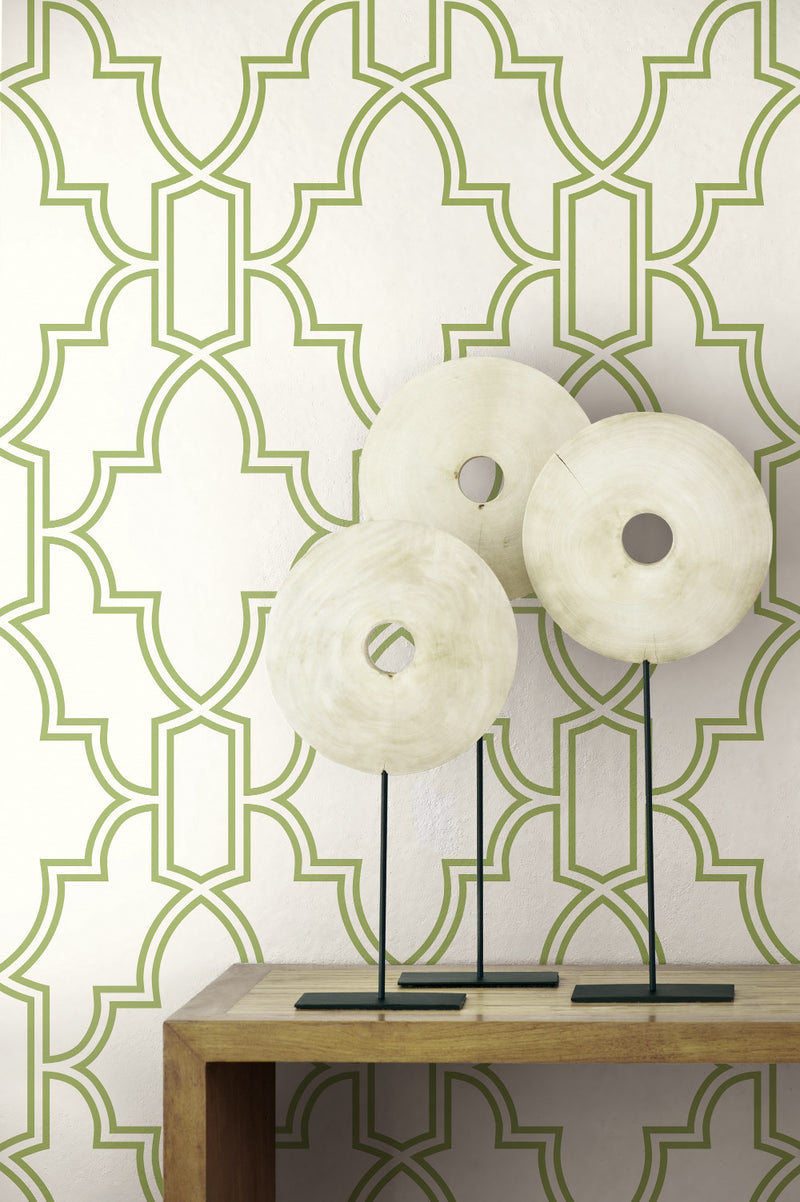 media image for Tile Trellis Peel-and-Stick Wallpaper in Green and White by NextWall 275