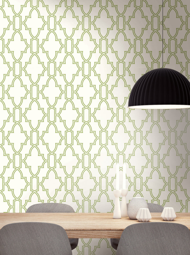 media image for Tile Trellis Peel-and-Stick Wallpaper in Green and White by NextWall 290