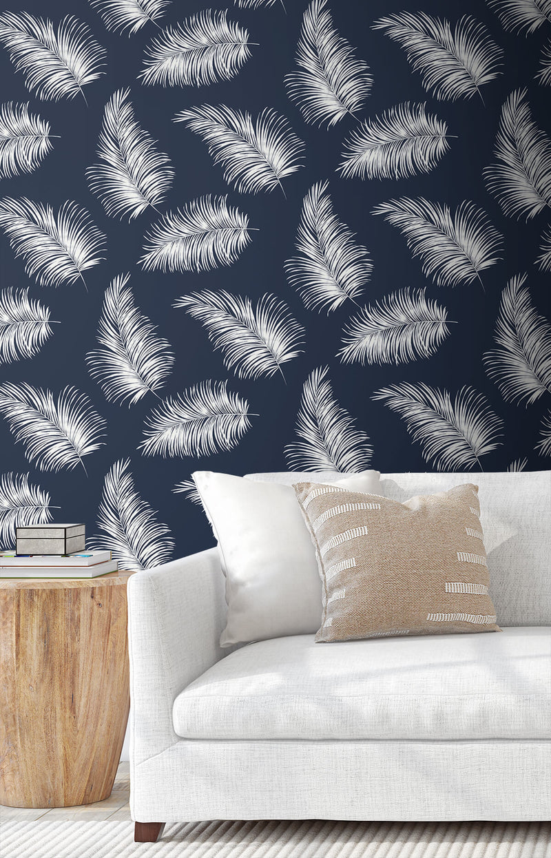 media image for Tossed Palm Peel-and-Stick Wallpaper in Navy Blue from the Luxe Haven Collection by Lillian August 255