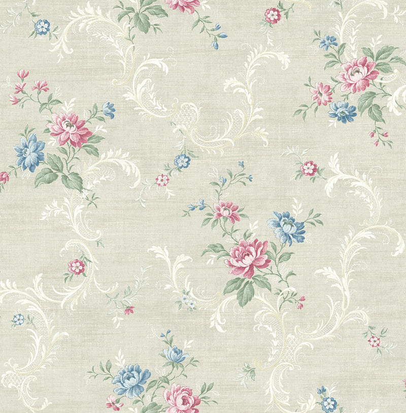 media image for sample tossed floral scroll wallpaper in cool primary from the vintage home 2 collection by wallquest 1 250