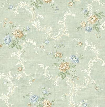 product image of Tossed Floral Scroll Wallpaper in Vintage Blue from the Vintage Home 2 Collection by Wallquest 52