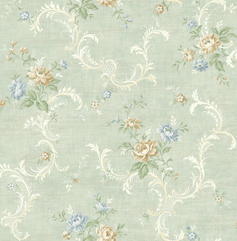 media image for Tossed Floral Scroll Wallpaper in Vintage Blue from the Vintage Home 2 Collection by Wallquest 242