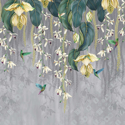 product image of sample trailing orchid wall mural in grey and lemon from the folium collection by osborne little 1 544