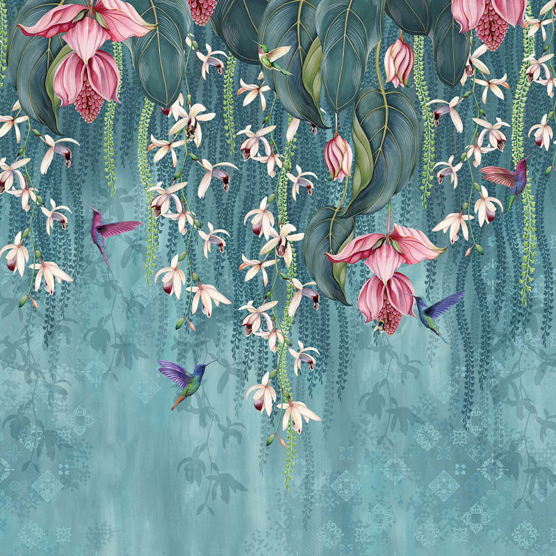 media image for sample trailing orchid wall mural in teal and pink from the folium collection by osborne little 1 229